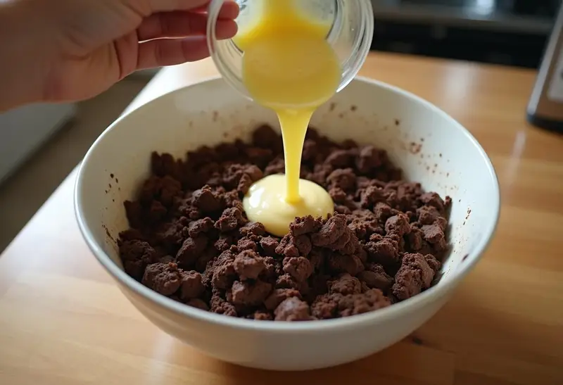 Making the crust for Slytherin Determined Mint Chocolate Cheesecake with crushed chocolate cookies and melted butter.