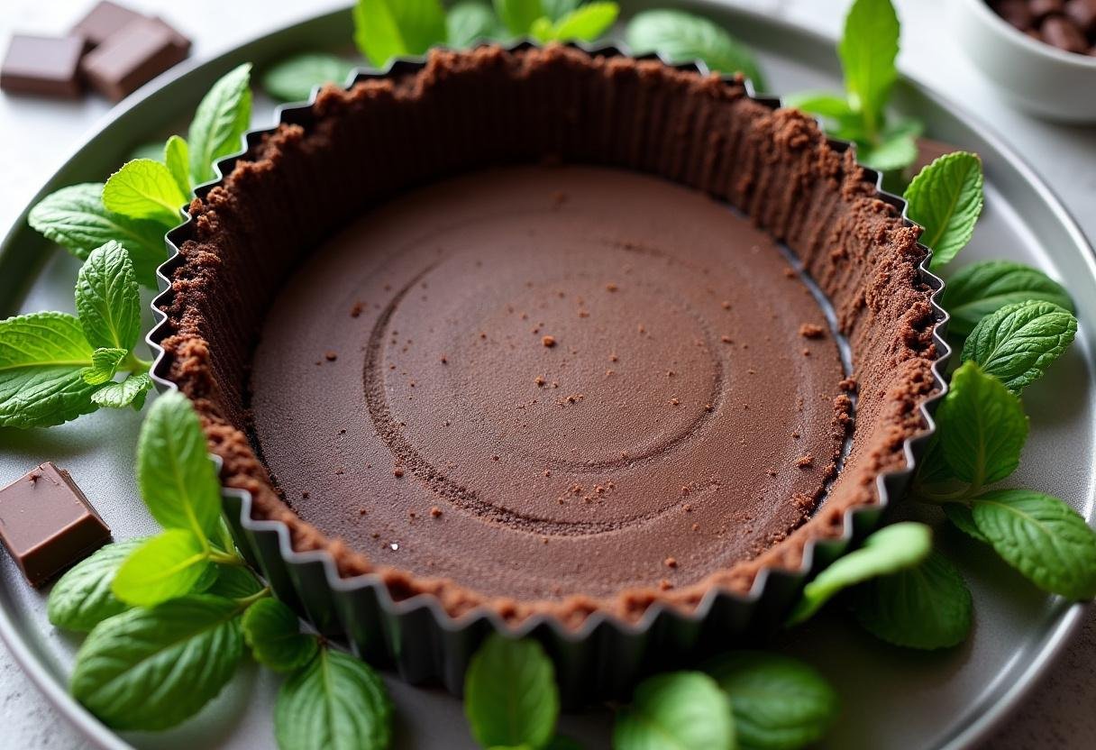 Preparing the crust for the Slytherin Determined Mint Chocolate Cheesecake with fresh mint leaves and chocolate bars.