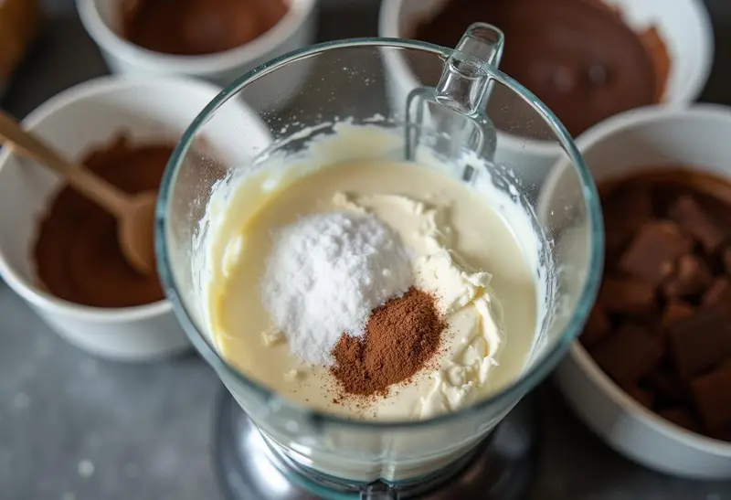 Blending the filling for Slytherin Determined Mint Chocolate Cheesecake with cream cheese and peppermint extract in a blender.