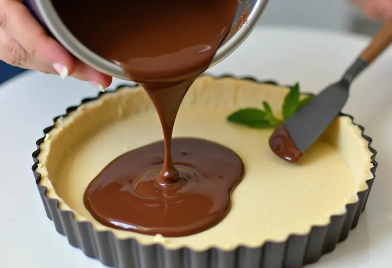 Pouring the smooth mint chocolate filling into the prepared crust for the Slytherin Determined Mint Chocolate Cheesecake.