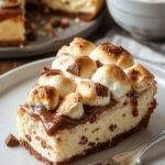 A rich, creamy s'mores cheesecake topped with toasted marshmallows, graham cracker crumbs, and chocolate drizzle, set on a rustic platter.