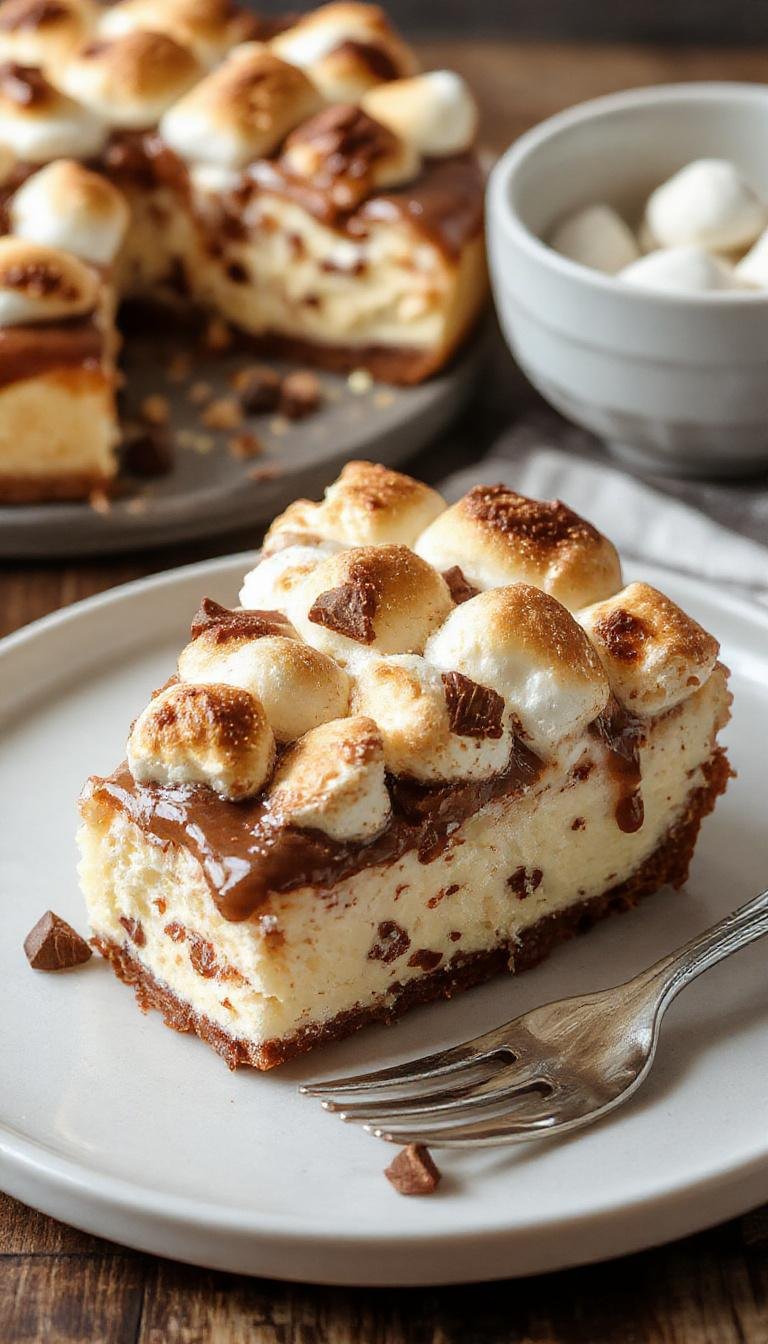 A rich, creamy s'mores cheesecake topped with toasted marshmallows, graham cracker crumbs, and chocolate drizzle, set on a rustic platter.
