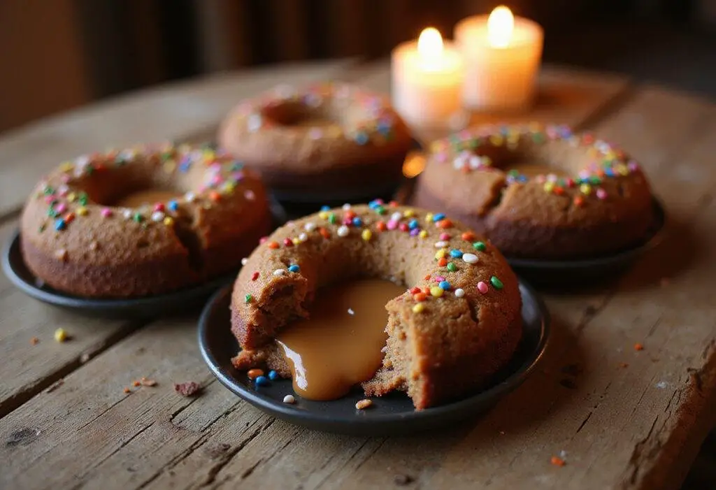 Gorgeous Sorting Hat Caramel Lava Cake with vibrant color centers, dripping caramel, elegantly displayed on a wooden table.