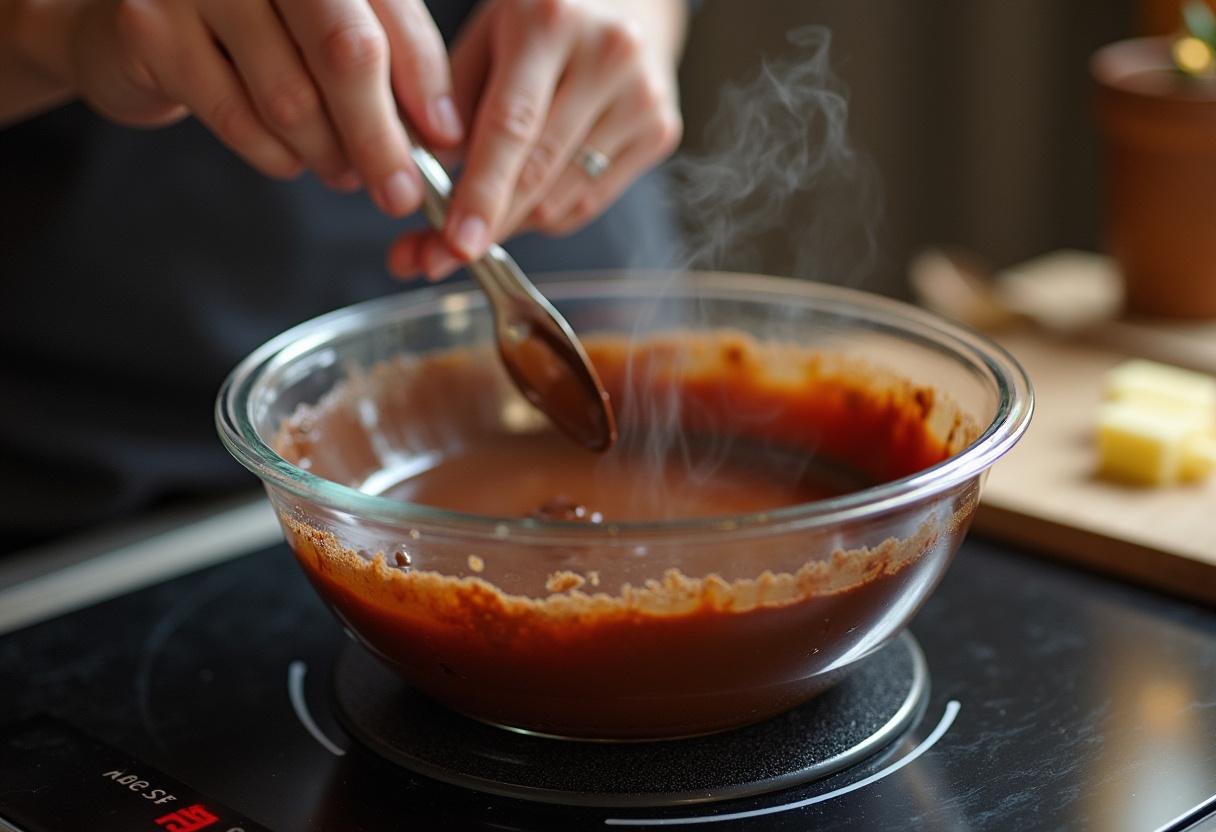 Melting dark chocolate and butter for Sorting Hat Caramel Lava Cake, creating rich glaze in a serene kitchen.