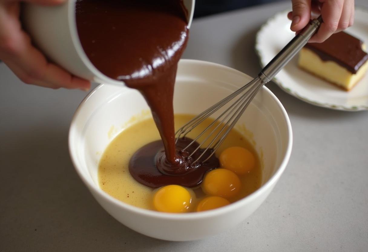Combining melted chocolate, sugar, and eggs for Sorting Hat Caramel Lava Cake, achieving a smooth batter in a rustic kitchen.