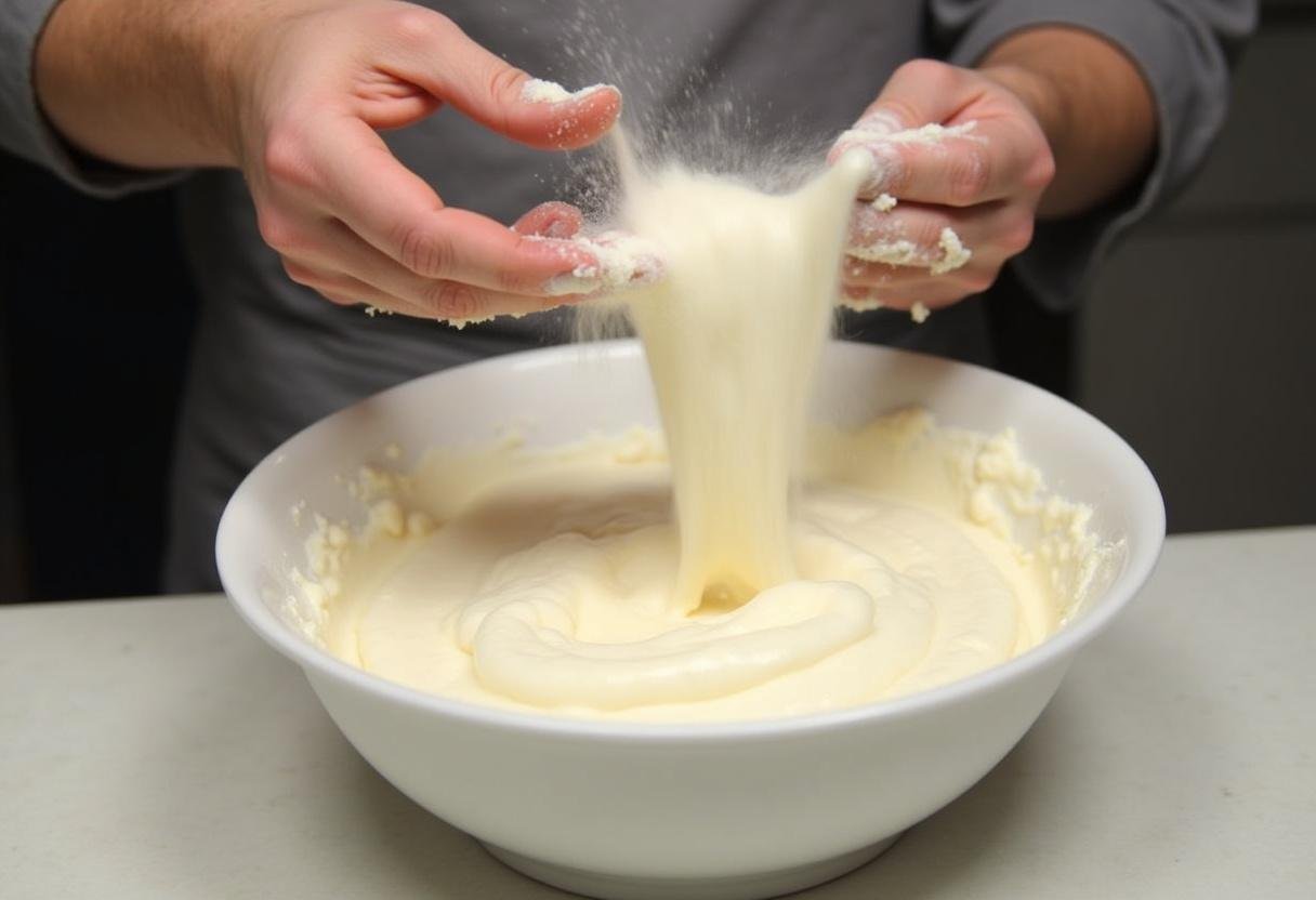 Folding flour and salt into the batter for Sorting Hat Caramel Lava Cake, capturing the fluffy texture in an inviting kitchen.