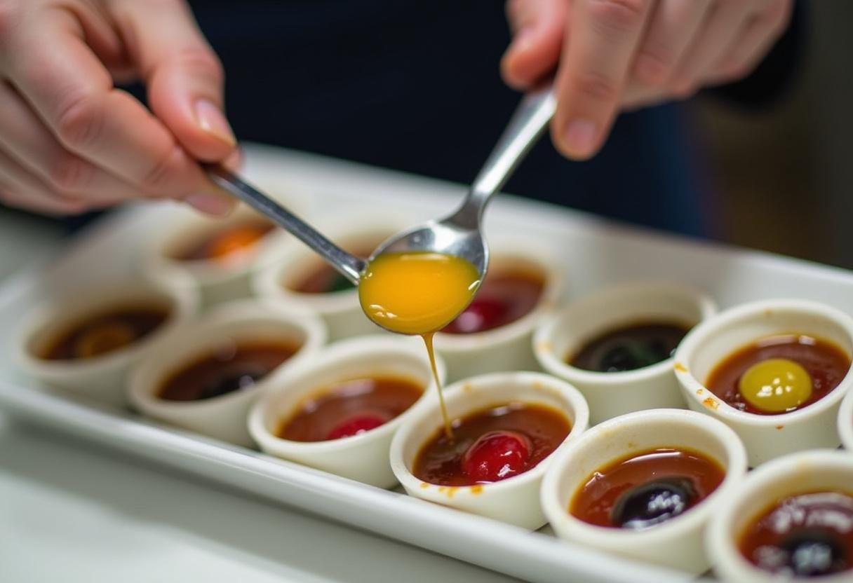 Pouring batter into ramekins with colorful caramel centers for Sorting Hat Caramel Lava Cake, showcasing vibrant layers.