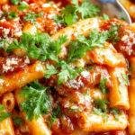 A bowl of spicy Arrabbiata penne pasta garnished with fresh basil and sprinkled red chili flakes, showcasing vibrant red tomato sauce coating each pasta piece.