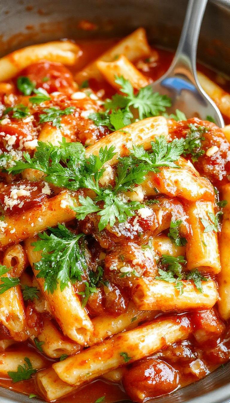 A bowl of spicy Arrabbiata penne pasta garnished with fresh basil and sprinkled red chili flakes, showcasing vibrant red tomato sauce coating each pasta piece.
