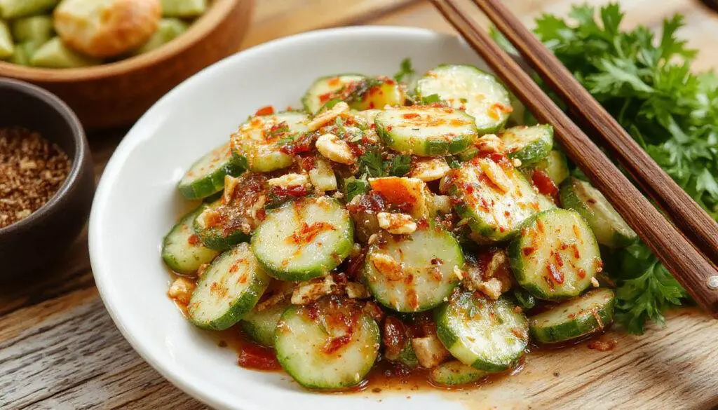 A vibrant bowl of Spicy Peanut Cucumber Salad featuring thinly sliced crisp cucumbers coated in a rich, reddish-brown peanut dressing. The salad is garnished with chopped peanuts and fresh herbs, with a glossy, slightly textured appearance. The background is a rustic wooden table, highlighting the fresh ingredients and colorful presentation.