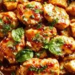 A vibrant plate of Spicy Thai Basil Chicken showcasing stir-fried chicken pieces coated in a glossy, spicy sauce, garnished with fresh green basil leaves, all served on a rustic white plate with chopped chili and garlic visible atop the dish. The dish is presented against a dark background highlighting its bright orange and green colors, with a few lime wedges and red chili slices for garnish.