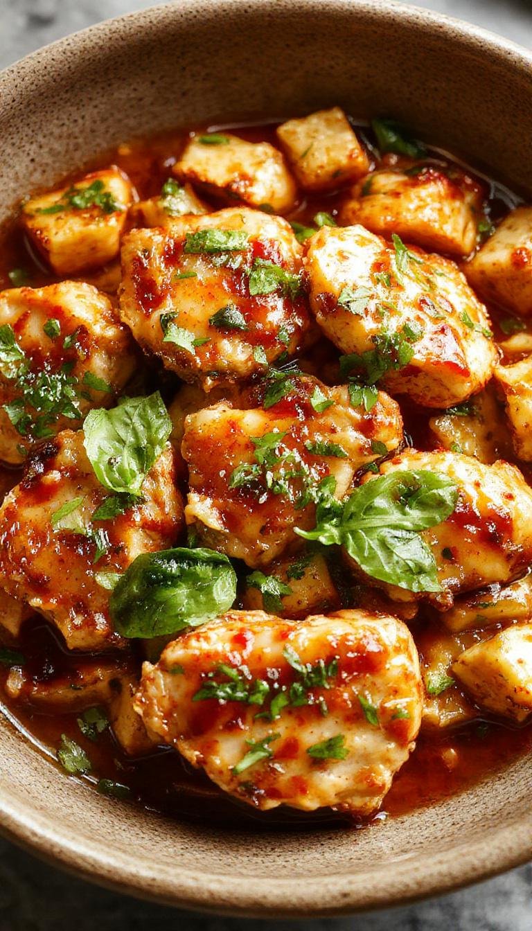 A vibrant plate of Spicy Thai Basil Chicken showcasing stir-fried chicken pieces coated in a glossy, spicy sauce, garnished with fresh green basil leaves, all served on a rustic white plate with chopped chili and garlic visible atop the dish. The dish is presented against a dark background highlighting its bright orange and green colors, with a few lime wedges and red chili slices for garnish.