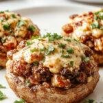 A close-up of two large, round Portobello mushrooms filled with a vibrant mixture of chopped vegetables, herbs, and melted cheese. The mushrooms are roasted to a golden brown with slightly crispy edges, arranged on a rustic wooden plate with a side of fresh greens and cherry tomatoes. The filling is textured and colorful, contrasting beautifully with the dark caps of the mushrooms.