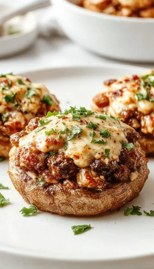 A close-up of two large, round Portobello mushrooms filled with a vibrant mixture of chopped vegetables, herbs, and melted cheese. The mushrooms are roasted to a golden brown with slightly crispy edges, arranged on a rustic wooden plate with a side of fresh greens and cherry tomatoes. The filling is textured and colorful, contrasting beautifully with the dark caps of the mushrooms.