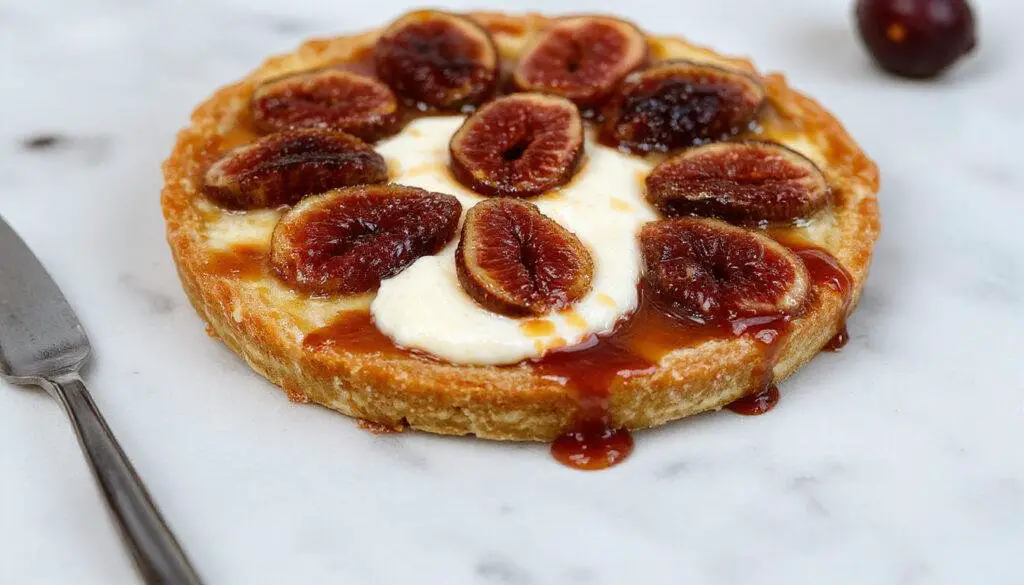A close-up of a beautifully crafted tart featuring caramelized figs arranged in a circular pattern atop a smooth layer of mascarpone filling, all set on a rustic wooden board with fresh figs and mint leaves as garnish. The tart has a golden-brown crust visible at the edges, with glossy caramelized figs showcasing their rich caramel glaze and vibrant purple hues contrasting with the creamy white mascarpone.