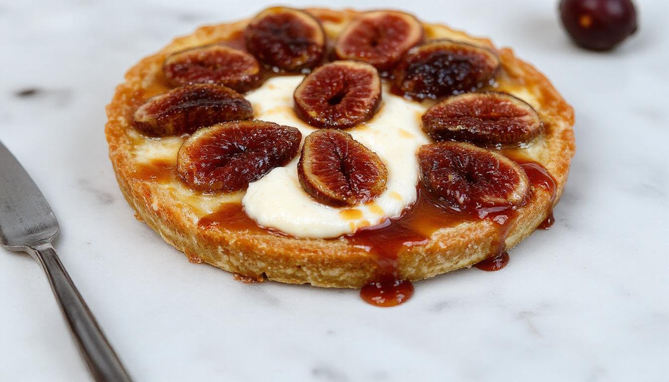 A close-up of a beautifully crafted tart featuring caramelized figs arranged in a circular pattern atop a smooth layer of mascarpone filling, all set on a rustic wooden board with fresh figs and mint leaves as garnish. The tart has a golden-brown crust visible at the edges, with glossy caramelized figs showcasing their rich caramel glaze and vibrant purple hues contrasting with the creamy white mascarpone.