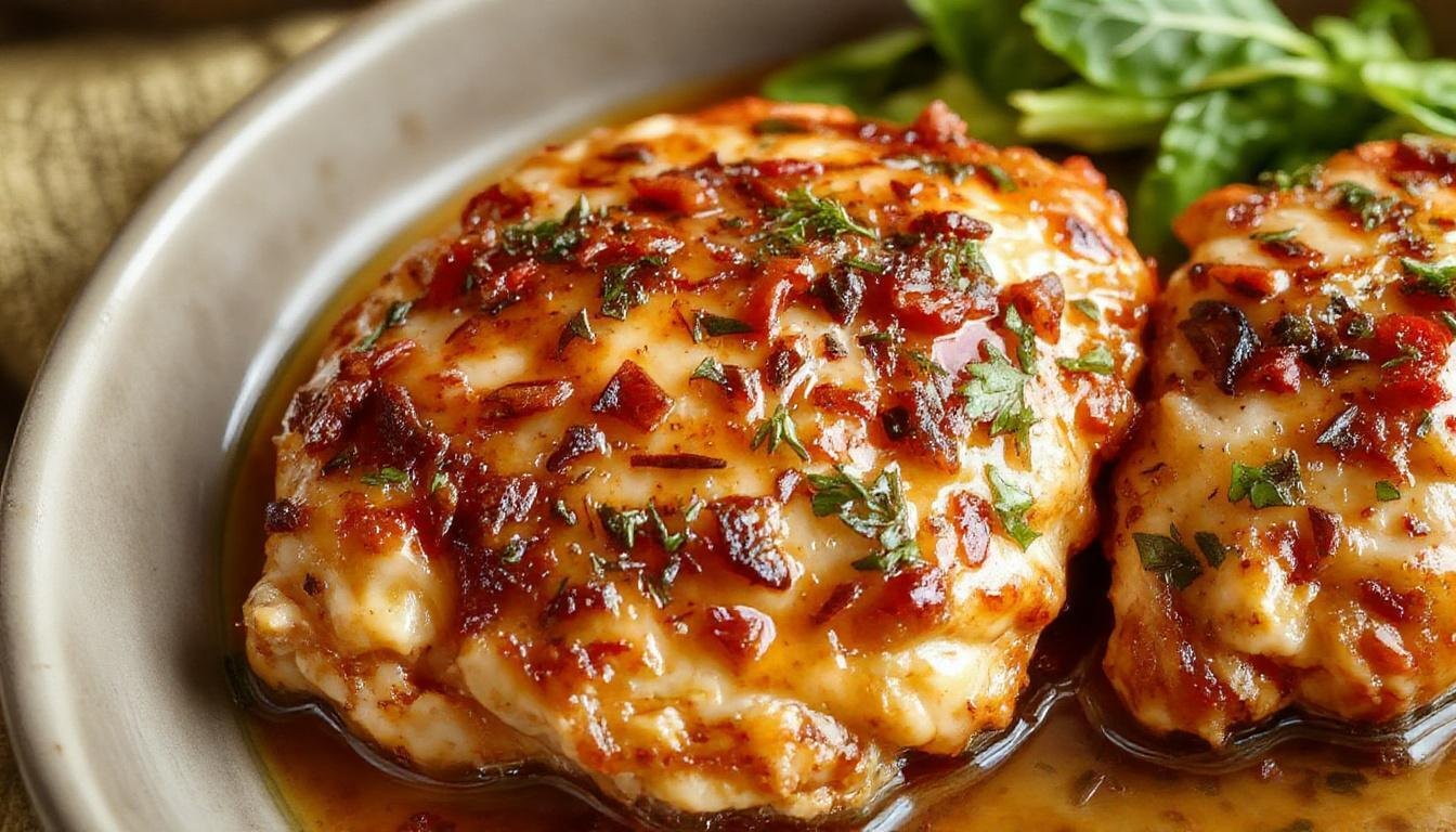 A close-up of golden-brown vegan chicken pieces with a slightly crispy exterior, arranged neatly on a white plate garnished with fresh herbs, with a blurred background showcasing a clean kitchen countertop.