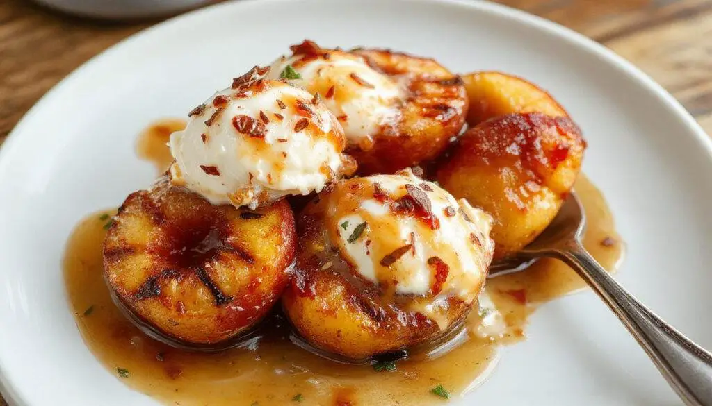 A close-up of caramelized grilled peaches with a golden-brown glaze, served on a rustic plate alongside a scoop of vanilla ice cream, garnished with a sprig of mint. The peaches display caramel markings, contrasting with the creamy white ice cream, accentuated by a drizzle of caramel sauce and a sprinkle of crushed nuts. The presentation highlights the vibrant orange and caramel hues, with a slightly smoky char on the peaches.