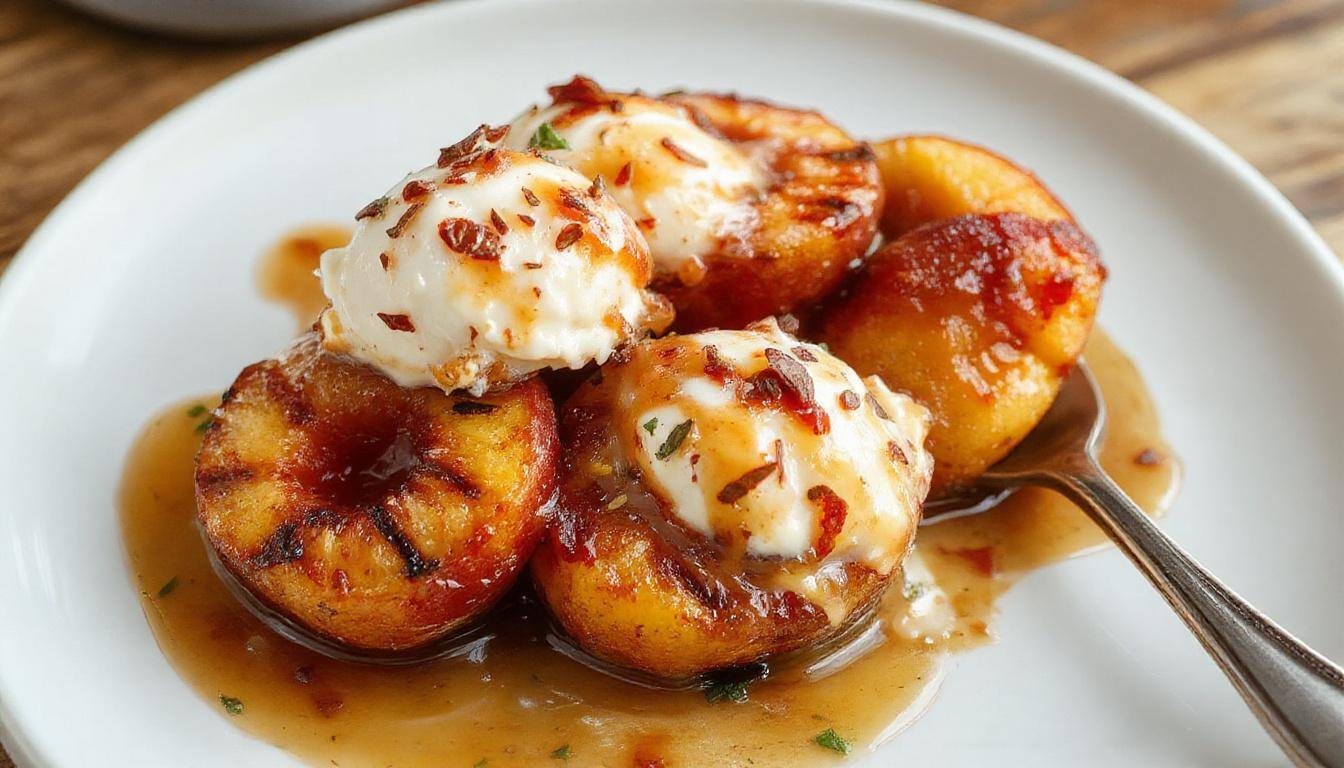 A close-up of caramelized grilled peaches with a golden-brown glaze, served on a rustic plate alongside a scoop of vanilla ice cream, garnished with a sprig of mint. The peaches display caramel markings, contrasting with the creamy white ice cream, accentuated by a drizzle of caramel sauce and a sprinkle of crushed nuts. The presentation highlights the vibrant orange and caramel hues, with a slightly smoky char on the peaches.