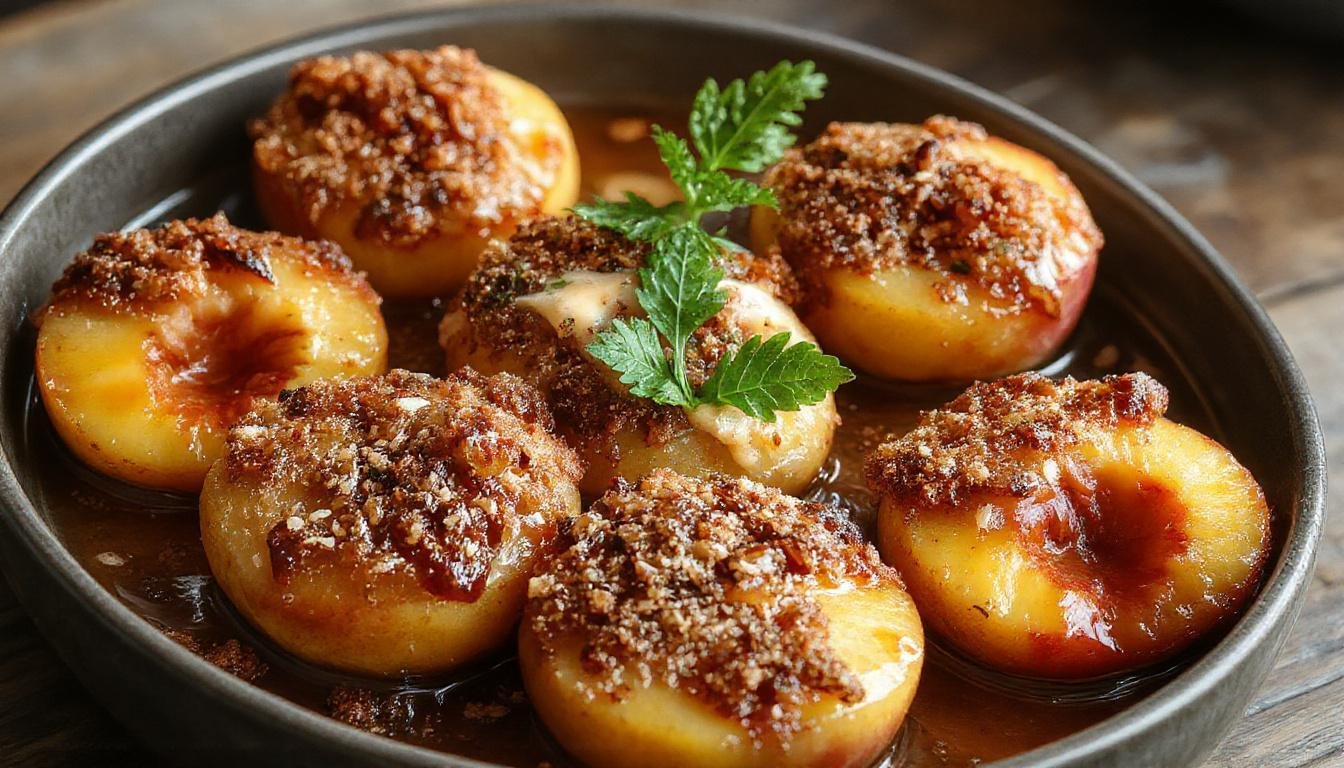 A close-up of a baked peach half topped with golden-brown brown sugar crumble, nestled in a rustic ceramic dish. The peach's vibrant orange flesh contrasts with the crumbly topping, showcasing a juicy, caramelized texture.
