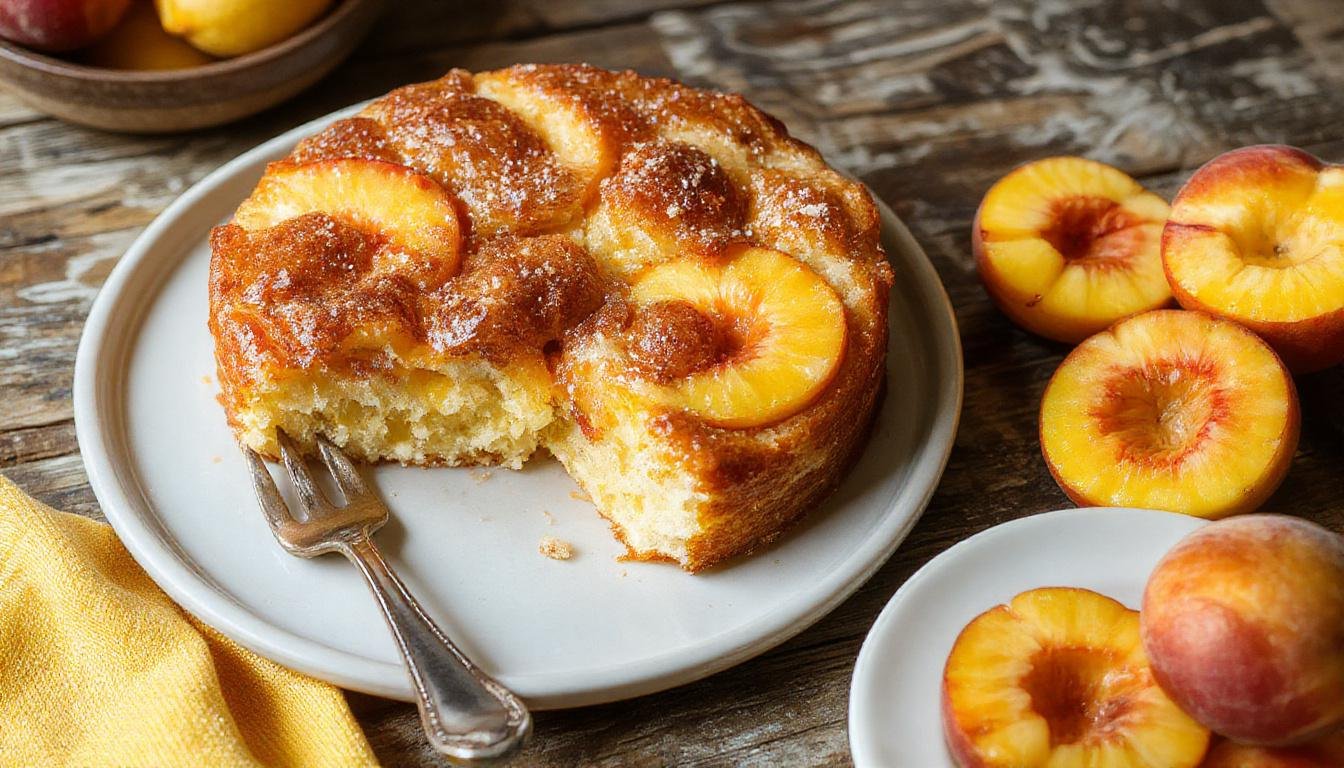A vibrant slice of Summer Peach Cake displayed on a white plate, showcasing its golden-brown crust topped with glistening, juicy peach slices and a dusting of powdered sugar, with a few peach wedges and mint leaves as garnish. The cake’s moist texture is visible, with layers of peach filling peeking through, set against a rustic wooden table backdrop.