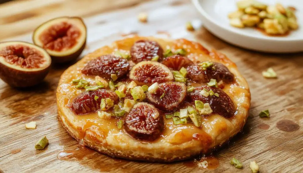 A close-up of a circular tart with a golden-brown crust, topped with sliced ripe figs, drizzled honey, and sprinkled chopped pistachios. The tart is presented on a rustic wooden surface with a few whole pistachios scattered nearby, highlighting the vibrant colors and textures of the fruit and nuts.