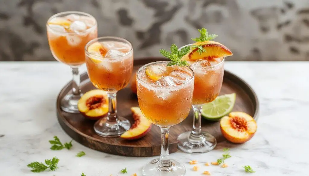 A tall, elegant glass filled with vibrant, peach-colored frozen Peach Bellini cocktail, topped with a sprig of fresh mint and a slice of peach on the rim, with condensation on the glass indicating coldness. The beverage appears smooth and icy with a slight frothy texture at the surface.