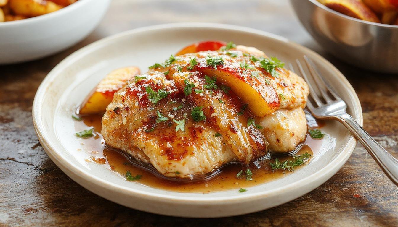 A vibrant plate featuring grilled chicken breasts glazed with a glossy peach sauce, garnished with fresh peach slices, mint leaves, and a sprinkle of herbs. The dish is plated elegantly on a white ceramic plate, with a colorful salad on the side, set against a rustic wooden background, evoking a summery, refreshing vibe.
