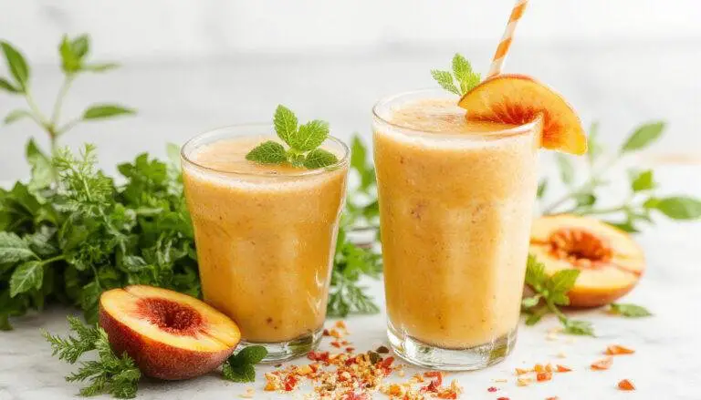 A tall glass filled with a vibrant orange-pink peach smoothie topped with fresh peach slices and a sprig of mint. The glass rests on a rustic wooden table with a blurred background of summer fruits and a straw accentuating the refreshing appeal.