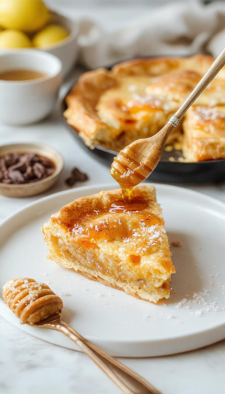 A rustic honey pie with a golden-brown crust and a glossy, amber honey filling topped with a light sprinkle of sea salt. The pie is presented on a wooden surface, with a slice slightly pulled out revealing its smooth, luscious interior. The crust appears flaky and crisp, contrasting beautifully with the sticky, shiny filling.