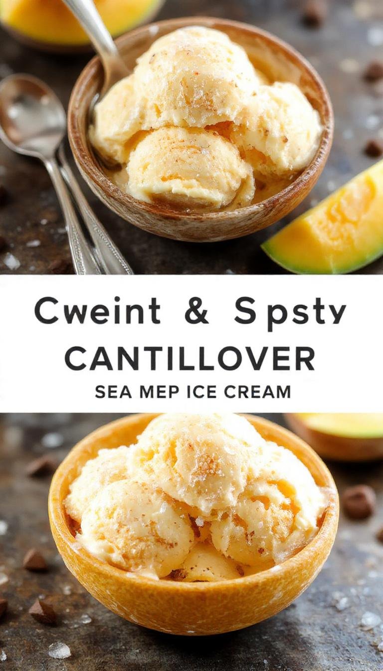 A bowl of creamy cantaloupe sea salt ice cream garnished with a sprinkle of sea salt and fresh mint, set on a sunny summer table.