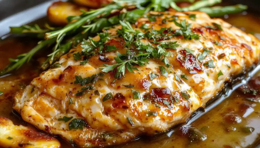 A beautifully plated piece of roasted salmon glazed with a golden peach sauce, garnished with fresh peach slices and herbs. The salmon has a crispy, caramelized exterior with a glossy finish, contrasted by vibrant peach pieces on top. The dish is presented on a rustic white plate with a drizzle of sauce around it, set against a wooden backdrop.