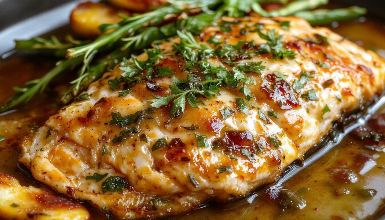 A beautifully plated piece of roasted salmon glazed with a golden peach sauce, garnished with fresh peach slices and herbs. The salmon has a crispy, caramelized exterior with a glossy finish, contrasted by vibrant peach pieces on top. The dish is presented on a rustic white plate with a drizzle of sauce around it, set against a wooden backdrop.