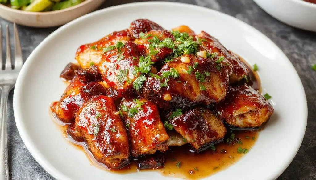 A beautifully glazed piece of Char Siu Chicken with a deep reddish-brown hue, resting on a white plate garnished with sliced green onions and sesame seeds. The chicken has a glossy, caramelized surface with visible grill marks, and the tender, juicy interior slightly visible at the cut end, creating an appetizing contrast.