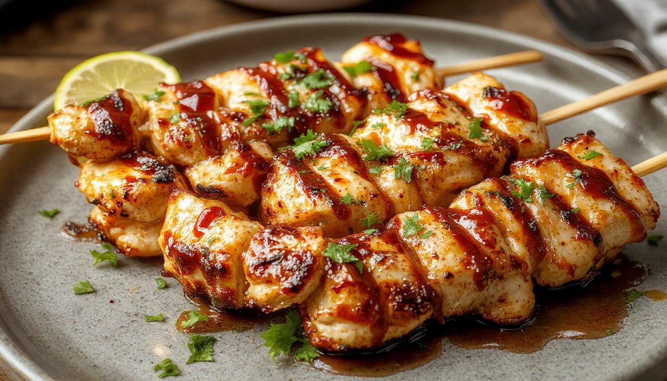 Colorful skewers featuring glossy glazed chicken pieces, pineapple chunks, and bell peppers arranged on a grill with charred grill marks, vibrant in reds, yellows, and greens.