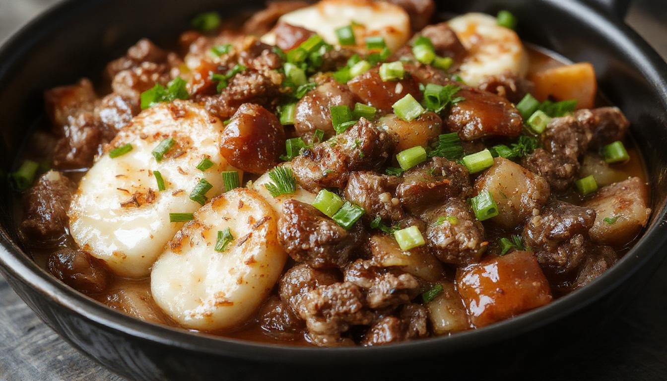 A vibrant Korean-style beef skillet featuring tender ground beef cooked with glossy, caramelized onions and colorful bell peppers on a rustic wooden surface. Garnished with chopped green onions and sesame seeds, topped with a drizzle of sauce, and served in a cast-iron skillet, showcasing a harmonious blend of textures and rich colors.