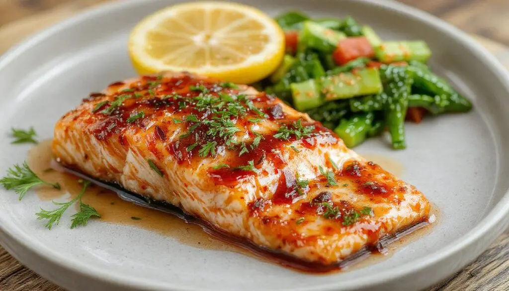 A perfectly cooked salmon fillet glazed with a vibrant orange sauce, garnished with thin orange slices and fresh herbs. The salmon has a glossy, caramelized finish and is plated on a white dish with a backdrop of colorful greens and citrus accents, highlighting its juicy, flaky texture.