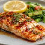 A perfectly cooked salmon fillet glazed with a vibrant orange sauce, garnished with thin orange slices and fresh herbs. The salmon has a glossy, caramelized finish and is plated on a white dish with a backdrop of colorful greens and citrus accents, highlighting its juicy, flaky texture.