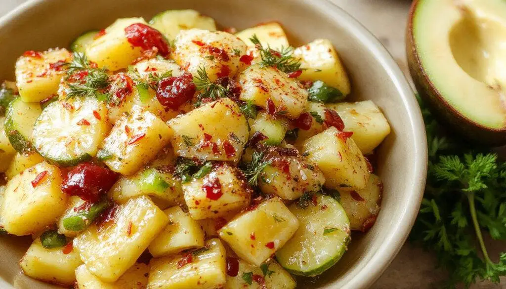 A vibrant bowl of pineapple cucumber salad showing bright yellow pineapple chunks and crisp cucumber slices, garnished with fresh mint leaves, all arranged in a clear glass bowl on a rustic wooden surface. The salad’s juicy, colorful appearance is highlighted by the mix of textures and fresh ingredients.