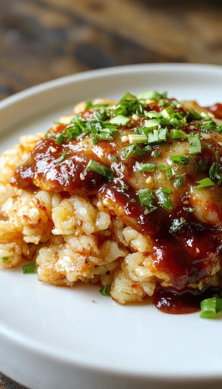 A plate of Honey BBQ Chicken served over fluffy rice, garnished with fresh herbs and a smoky glaze, perfect for a weeknight dinner.