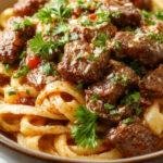 A plate of Sweet & Spicy Garlic Steak Pasta featuring juicy sliced steak, al dente pasta, and vibrant garlic and chili sauce garnished with fresh herbs.