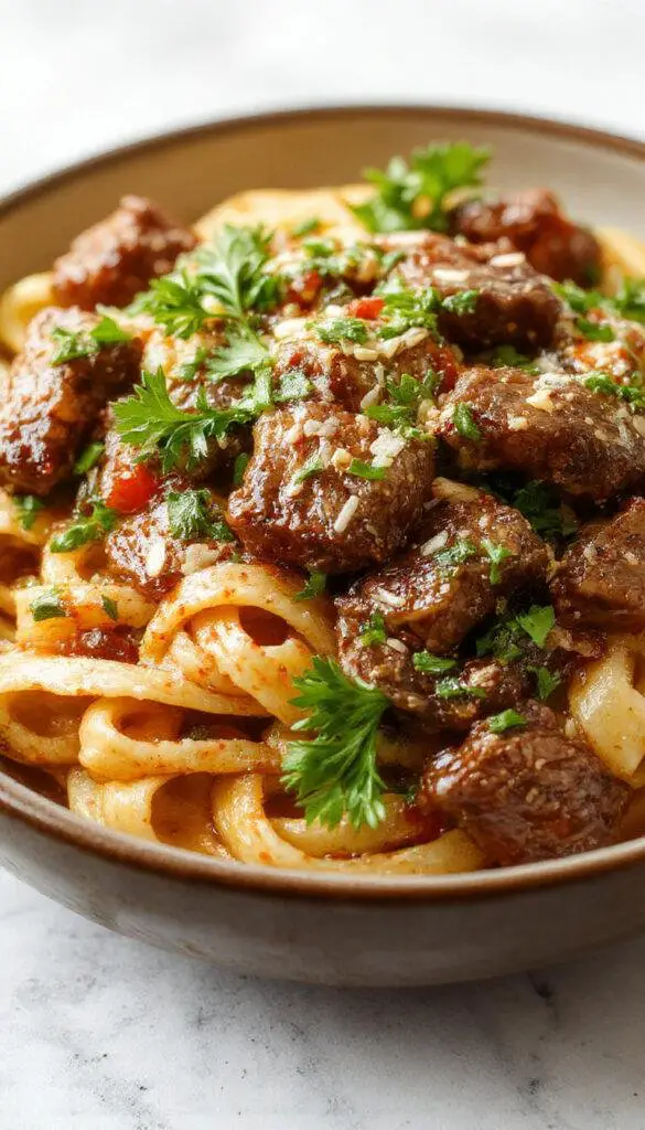 A plate of Sweet & Spicy Garlic Steak Pasta featuring juicy sliced steak, al dente pasta, and vibrant garlic and chili sauce garnished with fresh herbs.