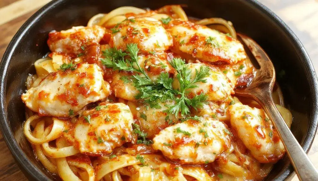 A vibrant plate of honey pepper chicken pasta featuring golden-brown grilled chicken strips coated in a glossy, spicy honey glaze, nestled atop al dente pasta. Bright red bell peppers, green herbs, and a sprinkle of crushed pepper flakes add color and texture. The dish is elegantly plated with a drizzle of honey and garnished with fresh chopped parsley, creating an inviting and flavorful presentation.