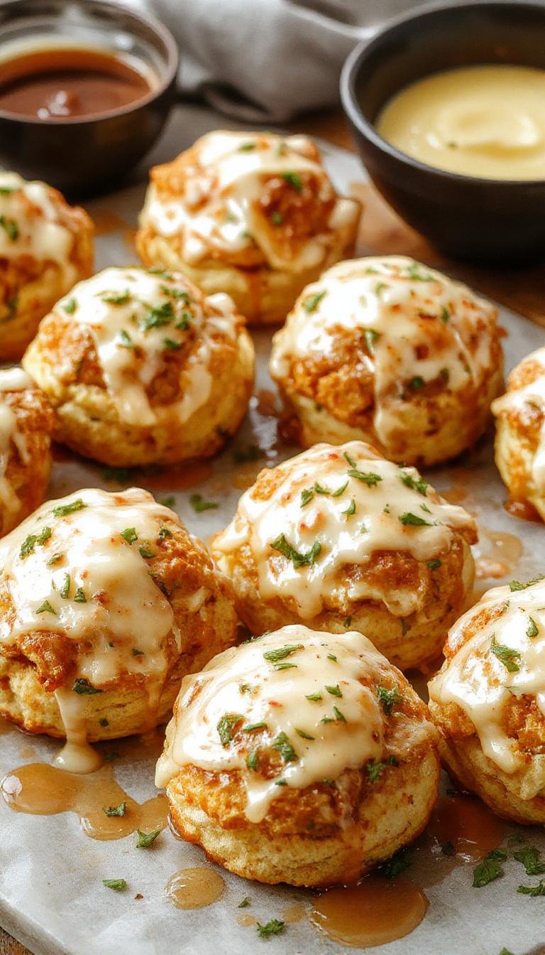 A plate of Sweet & Spicy Hot Honey Chicken Biscuits featuring golden-brown biscuits topped with crispy chicken pieces drizzled with hot honey glaze, garnished with sesame seeds and fresh herbs.