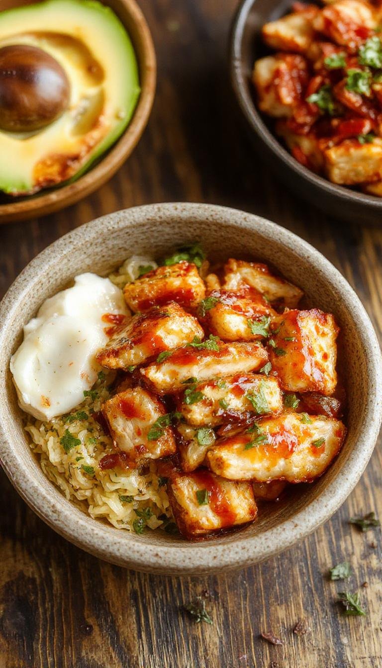 A vibrant bowl of Sweet & Spicy Hot Honey Chicken with colorful vegetables and rice, garnished with sesame seeds and fresh herbs.