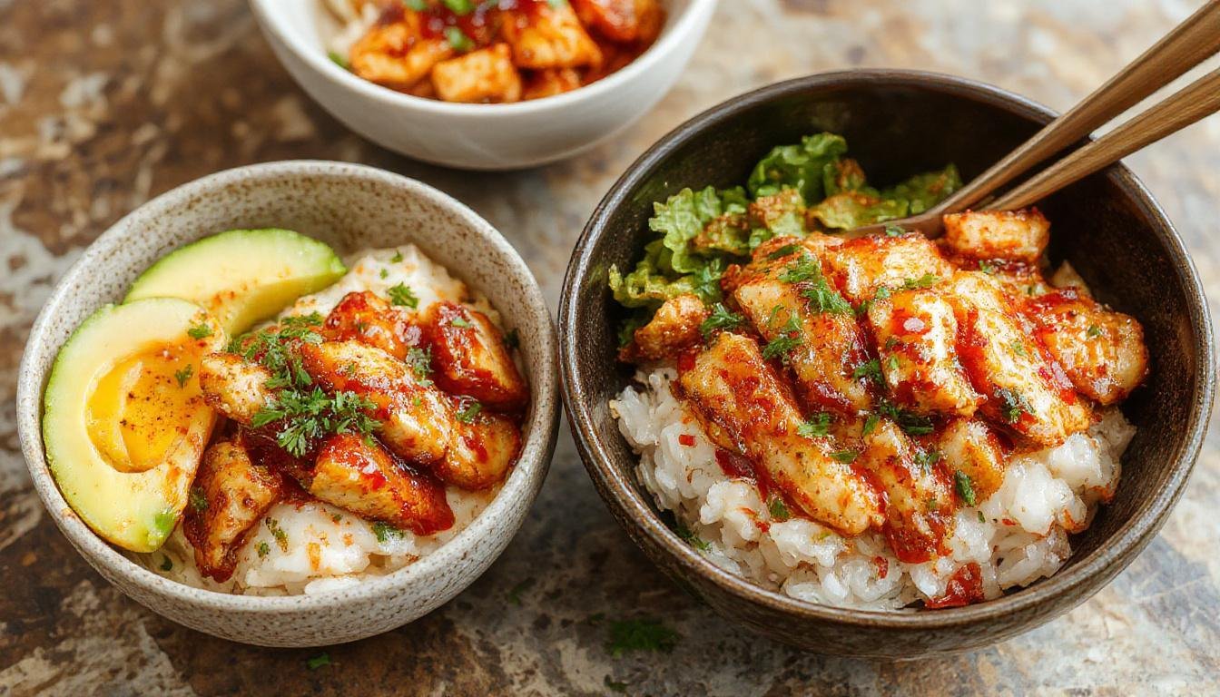 A vibrant rice bowl featuring grilled Korean-style chicken glazed with sweet and spicy sauce, topped with chopped green onions, sesame seeds, and colorful vegetables, all arranged in a white ceramic bowl.