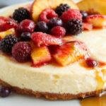 A close-up of a slice of cheesecake topped with an abundance of fresh summer berries in vibrant reds and blues, alongside thin peach slices. The creamy dessert has a golden, slightly crumbly crust visible at the edges, set on a rustic wooden plate. The berries glisten with juiciness, and a sprig of mint adds a touch of green contrast. The background features a blurred summer picnic setting with soft natural lighting highlighting the textures and colors.