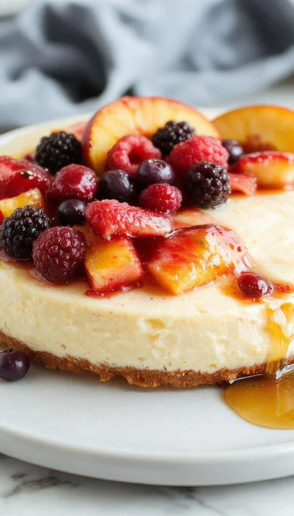 A close-up of a slice of cheesecake topped with an abundance of fresh summer berries in vibrant reds and blues, alongside thin peach slices. The creamy dessert has a golden, slightly crumbly crust visible at the edges, set on a rustic wooden plate. The berries glisten with juiciness, and a sprig of mint adds a touch of green contrast. The background features a blurred summer picnic setting with soft natural lighting highlighting the textures and colors.