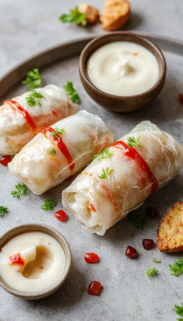 A vibrant plate of sweet summer rolls showcasing translucent rice paper wrapped around colorful fresh fruits and herbs, resting on a rustic wooden surface, with a bowl of creamy coconut rice pudding and a drizzle of sweet sauce in the background.
