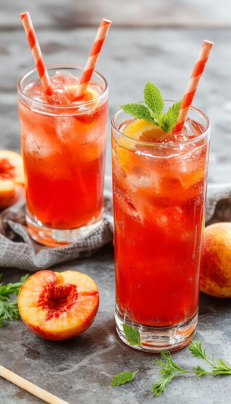 A tall glass of Sweet Summertime Peach Lemonade garnished with fresh peach slices and lemon wedges, surrounded by whole peaches and lemons on a sunny outdoor table.